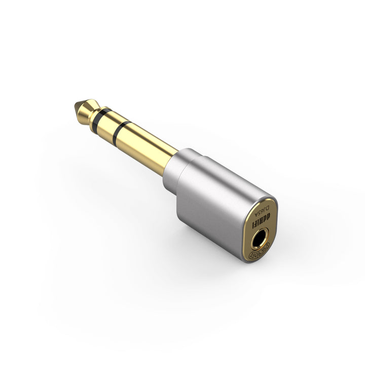 ddHiFi DJ65A(AL) rear quarter highlighting 6.3 plug and 3.5mm female port over white background