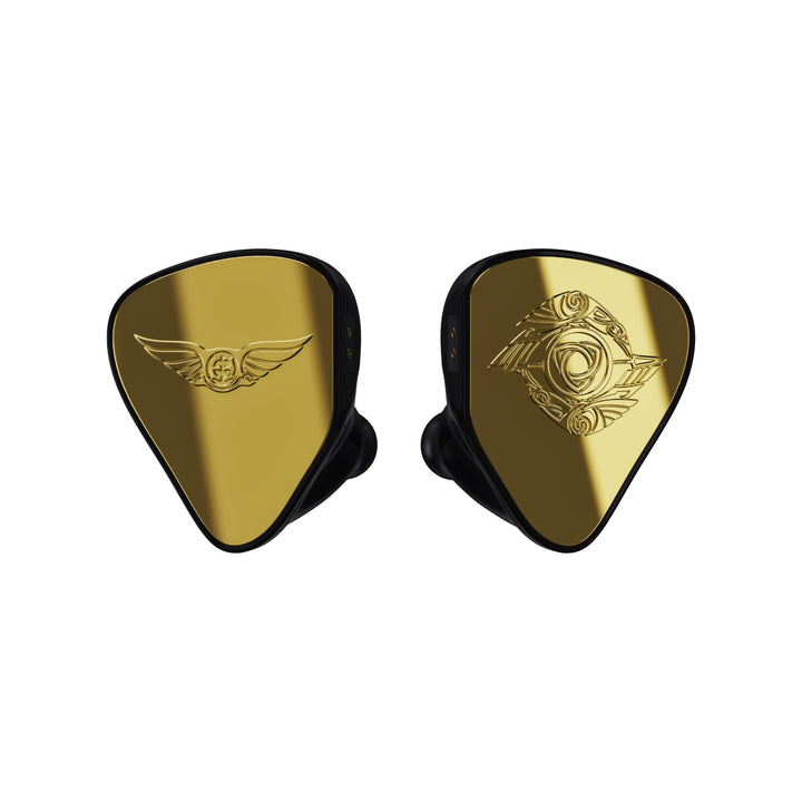 Empire Ears Raven 3-D render gold front over white background