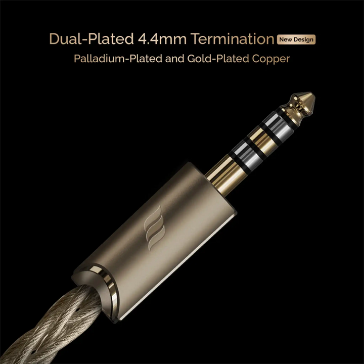 Effect Audio Centurion II cable 4.4mm balanced termination closeup on black background