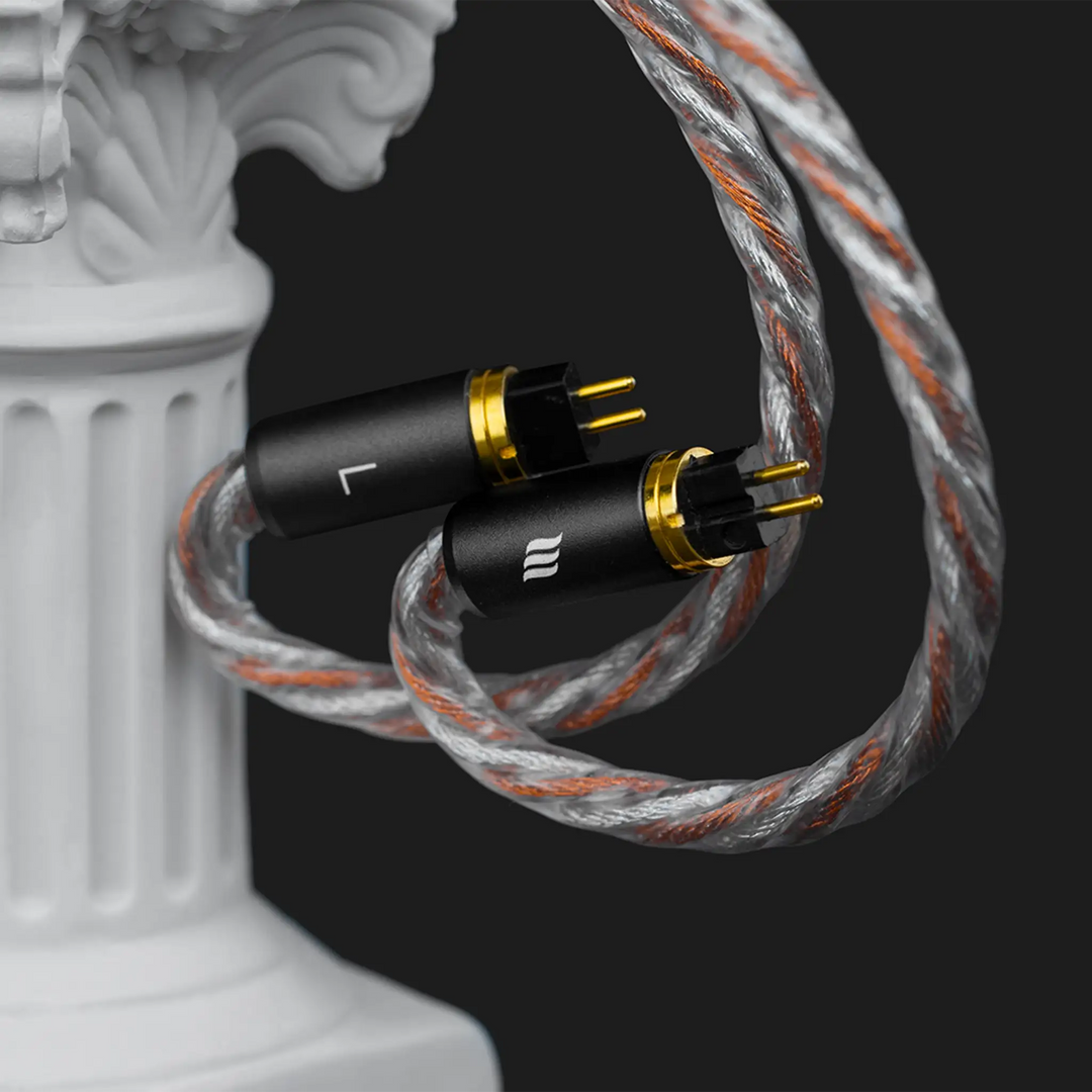 Effect Audio Ares S II x Cadmus II cable 2-pin connector closeup with white pedestal on dark grey background