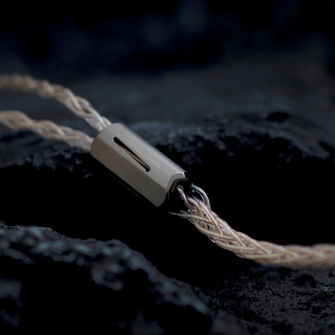 Effect Audio Centurion cable closeup of splitter profile over dark textured background