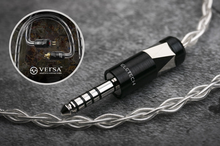 Eletech Plato extreme closeup Pentaconn plug and silver cable highlighting VERSA connector | ET-PLATO-VRS-44