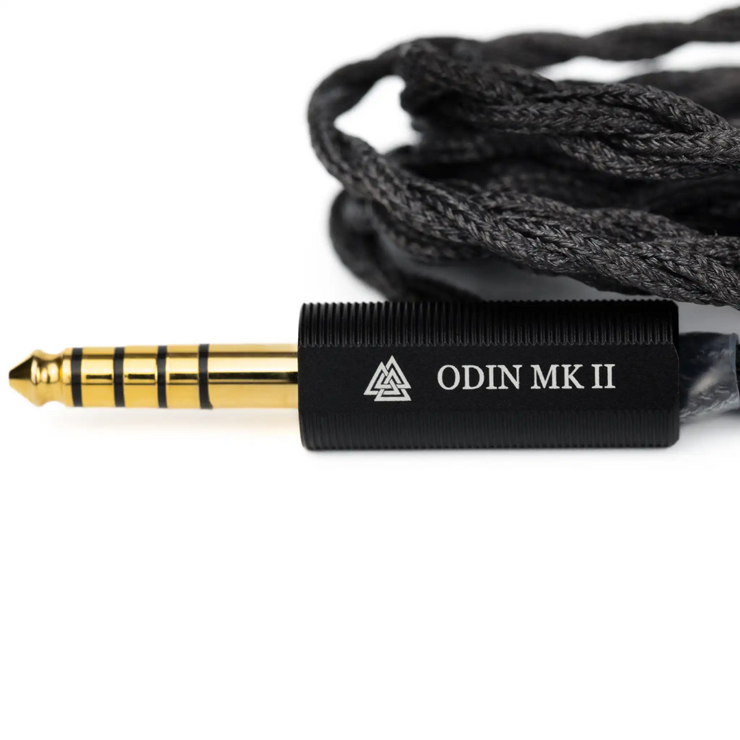 Empire Ears Odin MKII IEMs cable 4.4mm balanced termination extreme closeup with logo whitebox