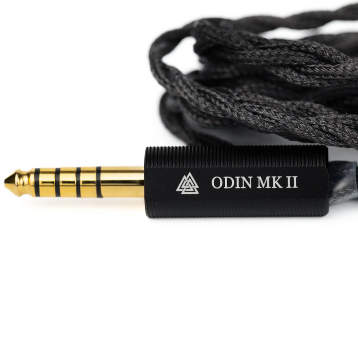 Empire Ears Odin MKII IEMs cable 4.4mm balanced termination extreme closeup with logo whitebox