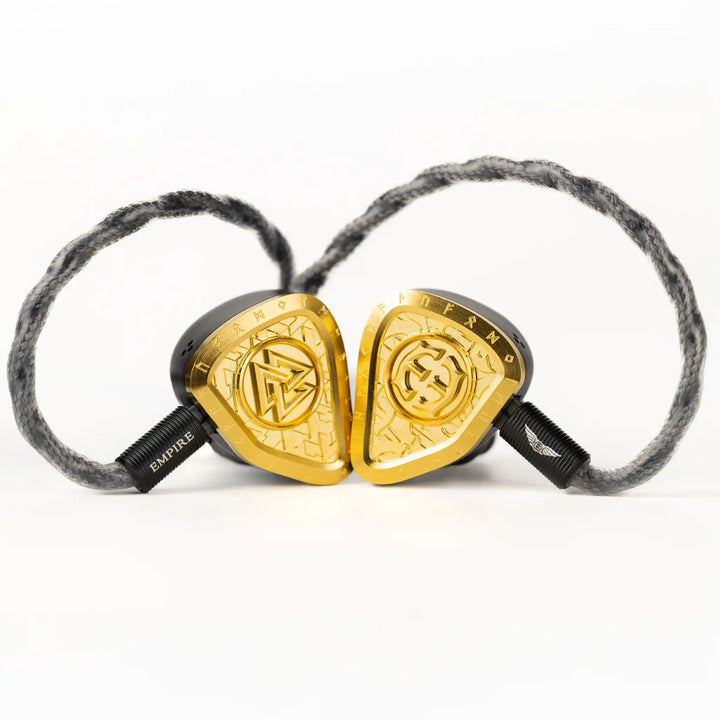 Empire Ears Odin MKII IEMs sitting front facing with cable attached whitebox