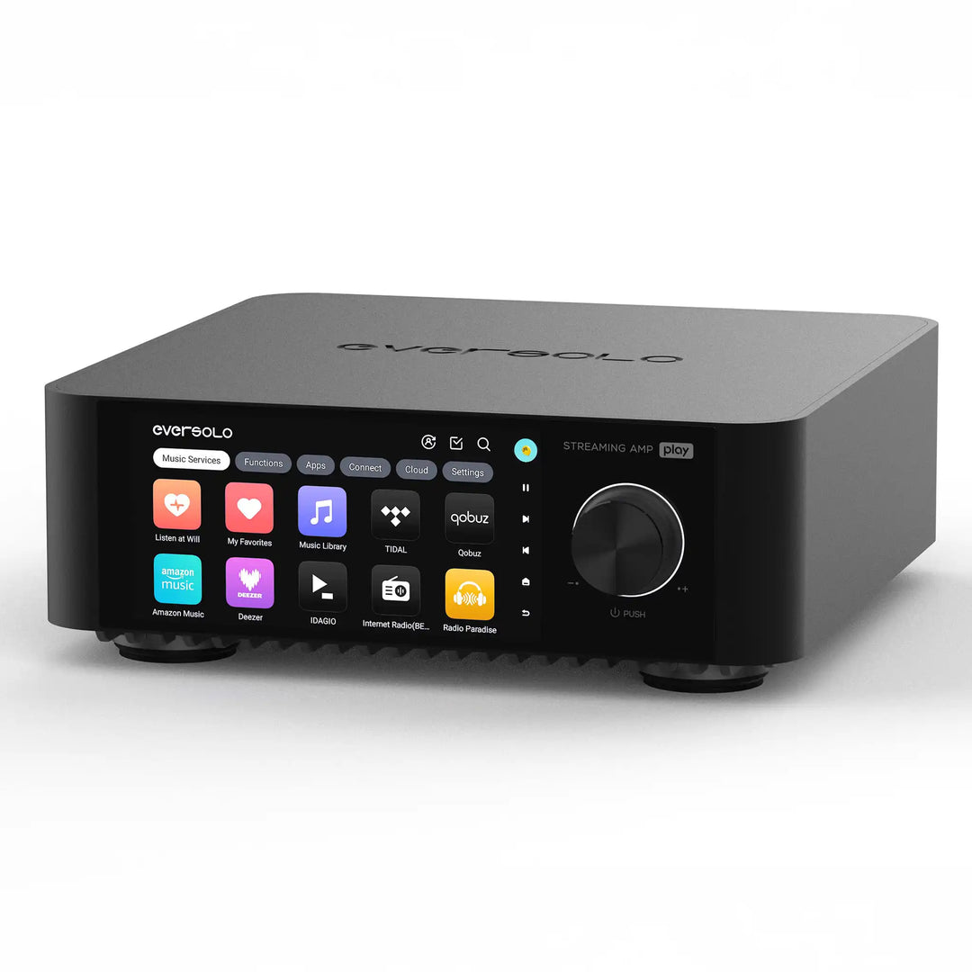 EverSolo Play streaming amp sitting front right 3 quarter angle whitebox