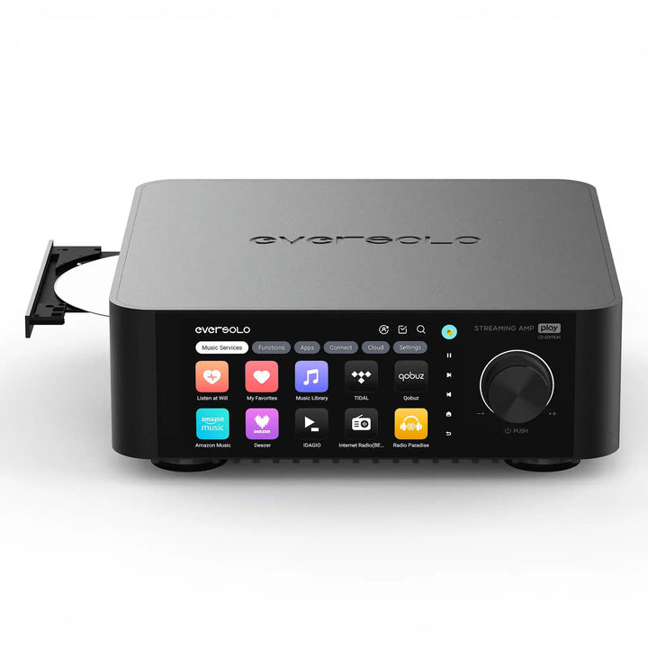 EverSolo Play CD edition streaming amp front top down view with cd slot popping out whitebox