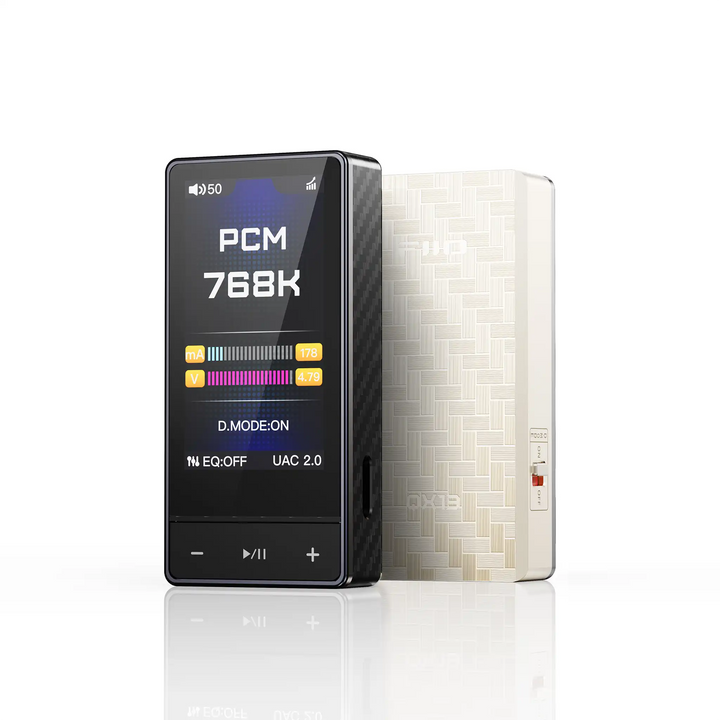 FiiO QX13 DAC/amp in titanium gold rear view and black front view center whitebox