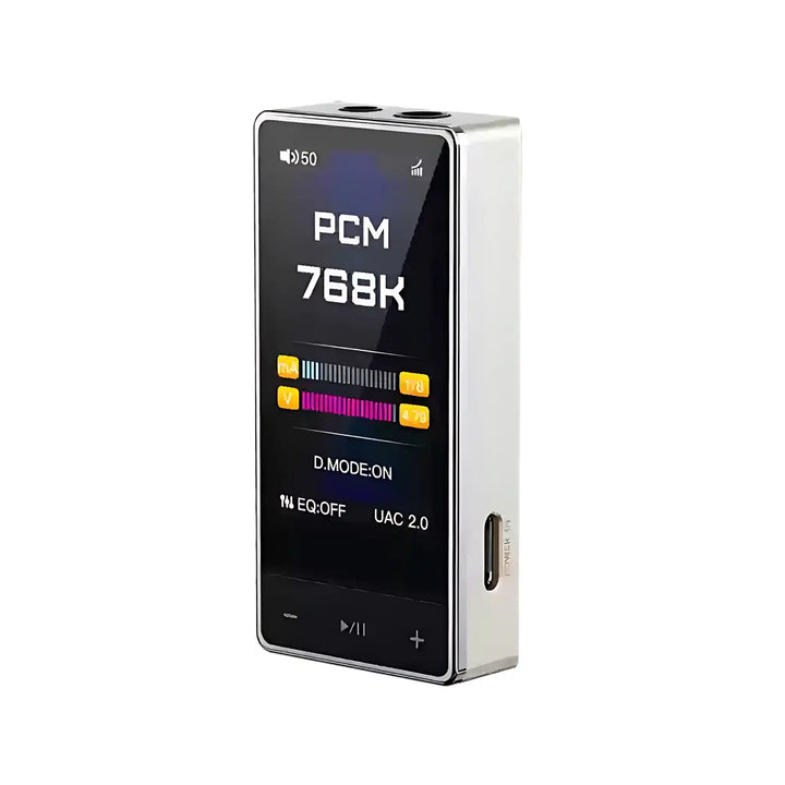 FiiO QX13 DAC/amp in titanium gold front right 3 quarter angle whitebox