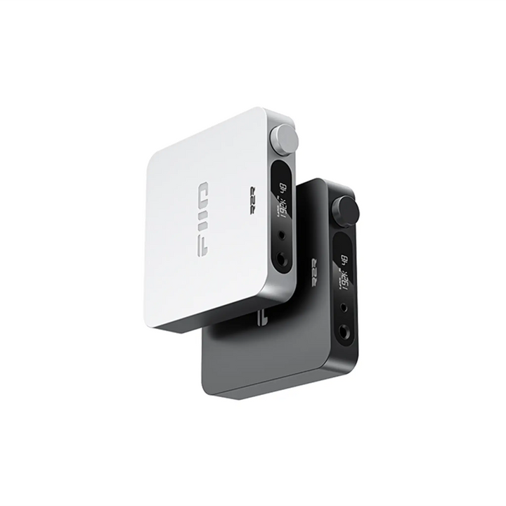 FiiO K11 R2R silver and black units vertical 3 quarter whitebox