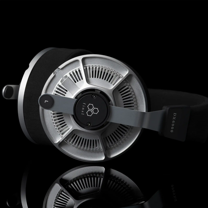 Final Audio DX6000 headphones lying down left ear cup view on black background