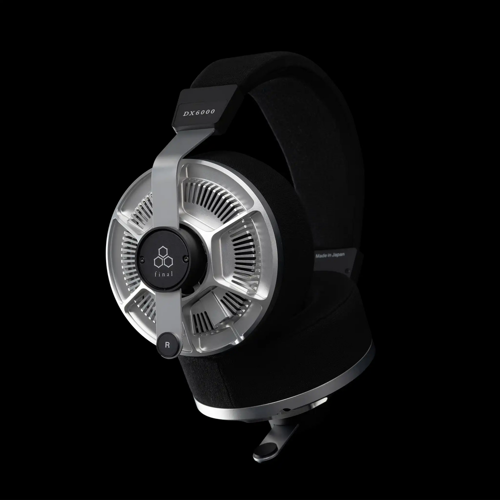 Final Audio DX6000 headphones right ear cup left 3 quarter angle rotated up on black background