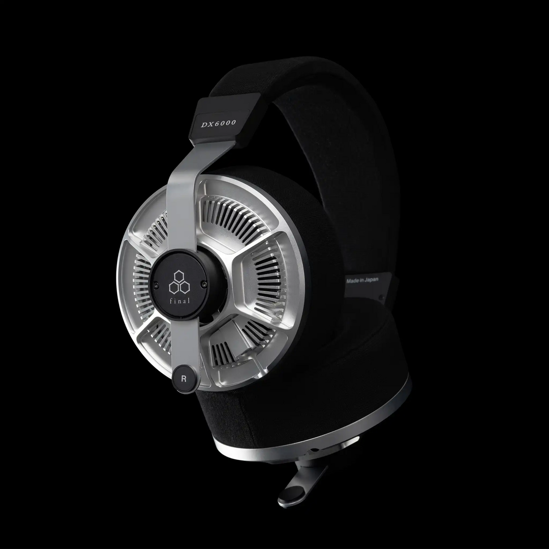 Final Audio DX6000 headphones right ear cup left 3 quarter angle rotated up on black background