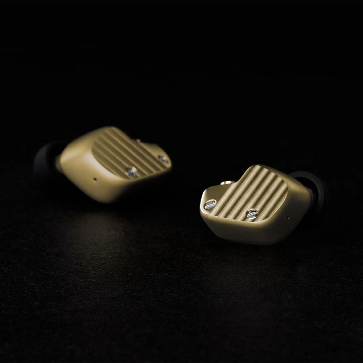 Final Audio A1000 Collector's Edition IEMs sitting diagonally on black background