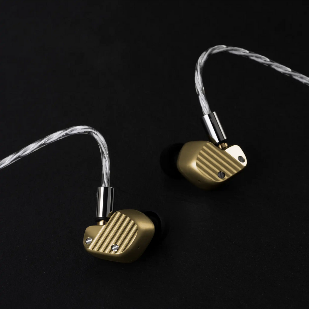 Final Audio A1000 Collector's Edition IEMs sitting diagonally with cable attached on black background