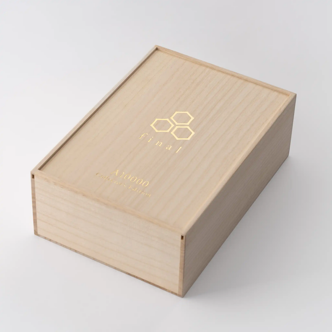 Final Audio A1000 Collector's Edition IEMs wooden box sitting rotated left whitebox