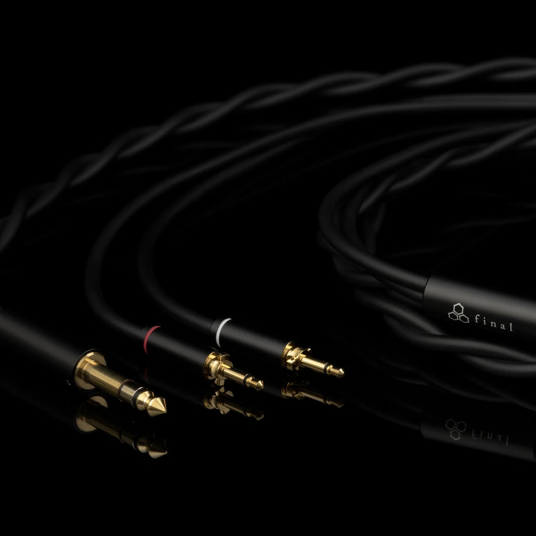 Final D7000 stock cable highlighting gold connectors over black background