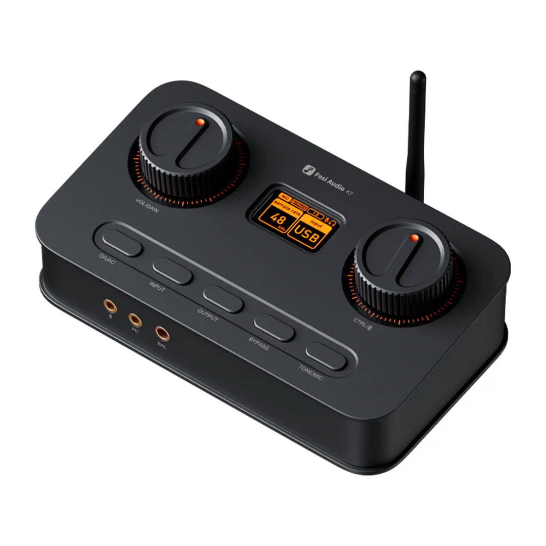 Fosi Audio K7 desktop dac/amp sitting front right 3 quarter angle birdseye view whitebox