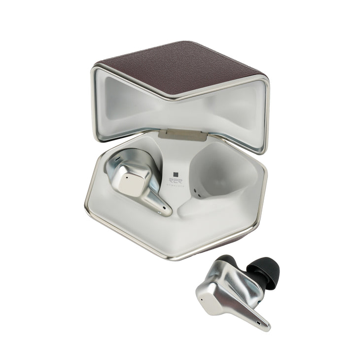 HiFiMAN Svanar Wireless LE earphone in case with 2nd earphone outside case over white background