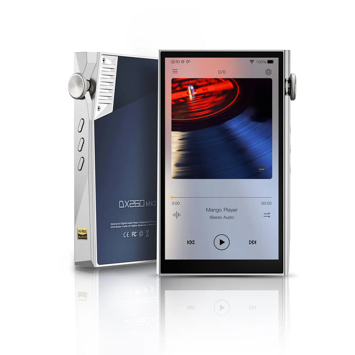 iBasso DX260MK2 DAP x2 in silver standing front center and back at left 3 quarter angle whitebox