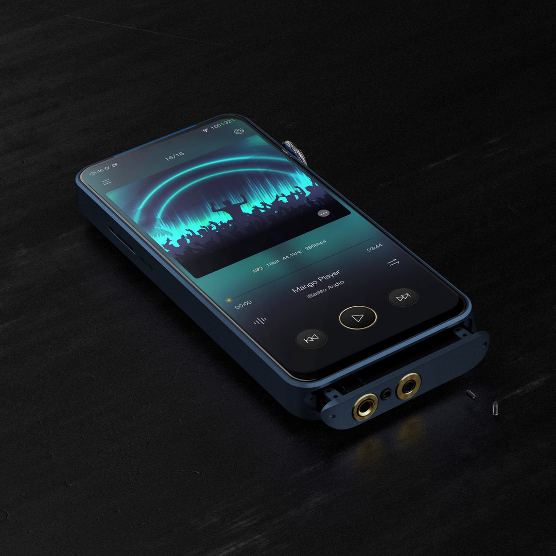 iBasso DX320 blue front 3 quarter left with active LED screen and AMP card partially ejected