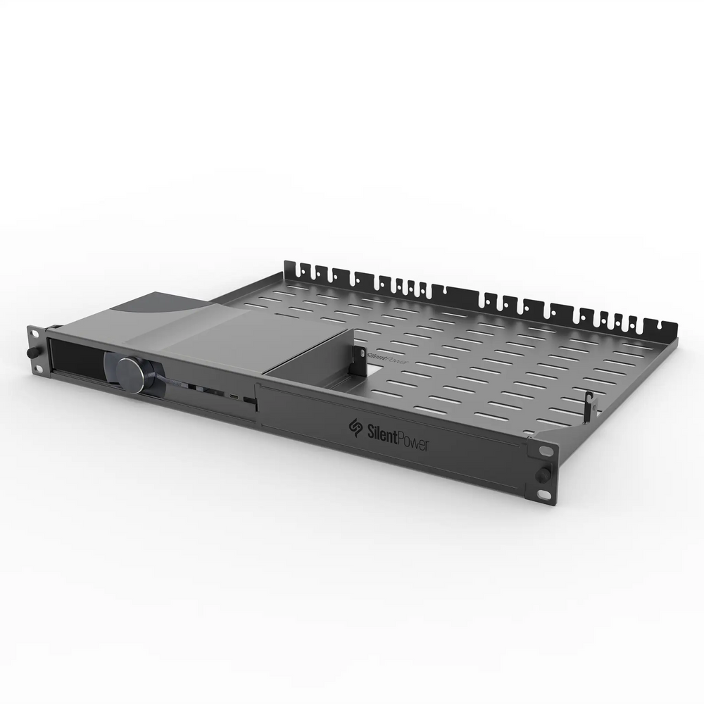 iFi OMNI Rack Mount sitting front right 3 quarter angle with OMNI LAN inside whitebox