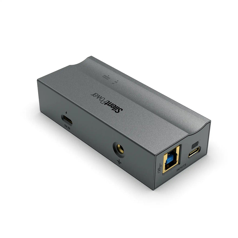 iFi USB iPurifier Pro lying face up top  left corner angle whitebox