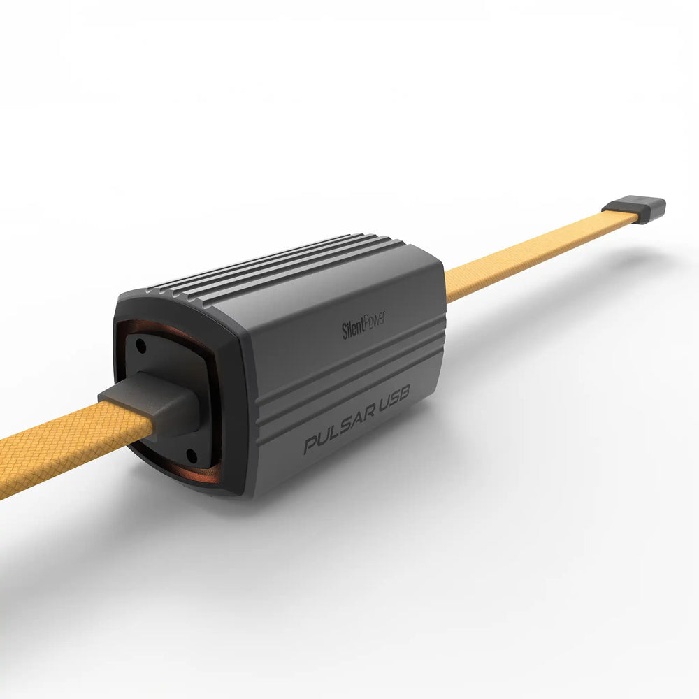 iFi Pulsar USB cable power conditioner closeup at profile angle whitebox