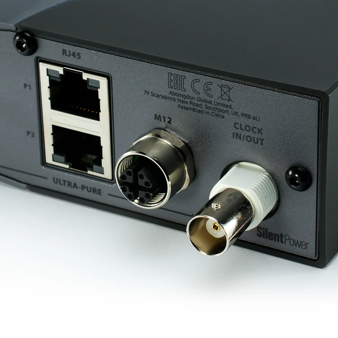 iFi Audio OMNI LAN Network Switch sitting rear right 3 quarter angle closeup of outputs whitebox