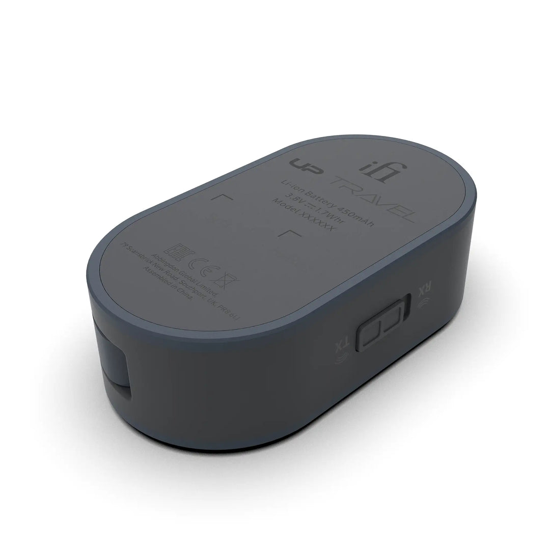 iFi Audio UP Travel bluetooth adapter rear facing up right 3 quarter angle whitebox