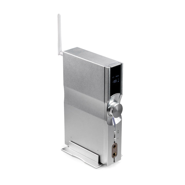 iFi NEO iDSD 3 vertical mount on stand over white background