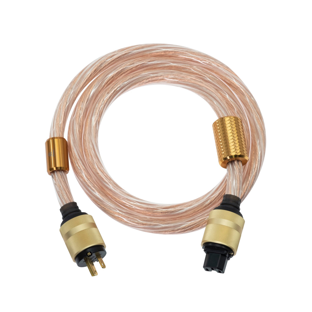 iFi Quasar coiled NEMA 5-15P to C15 cable over white background