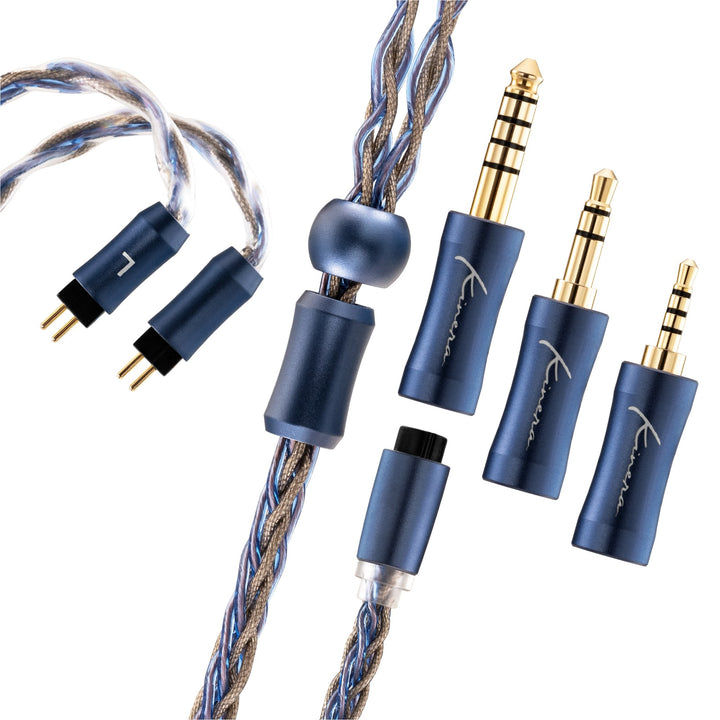 Kinera Ace 2 extreme closeup y-split, plugs, and 2-pin connectors