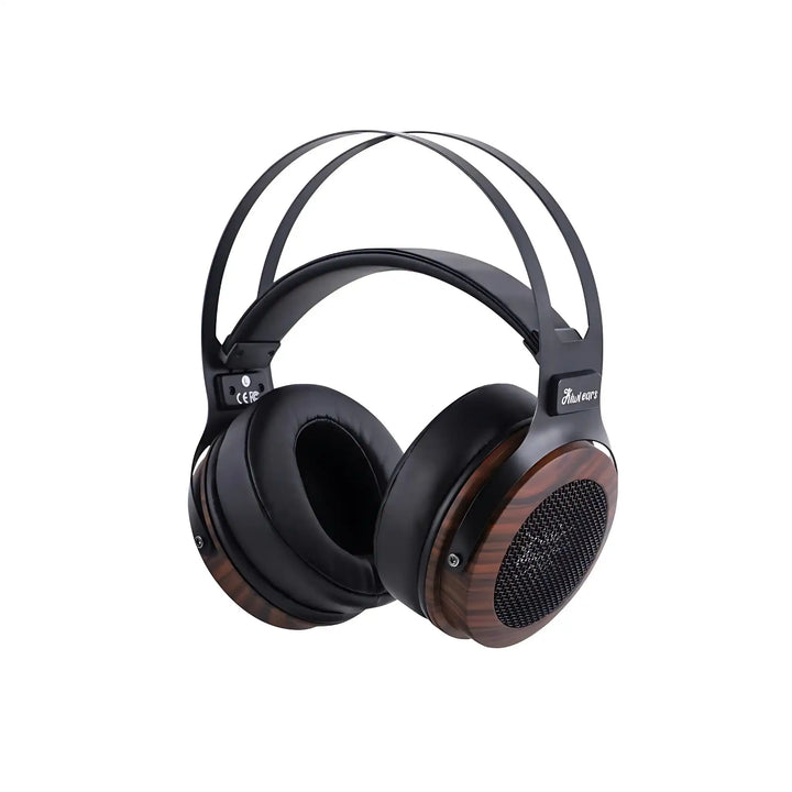 Kiwi Ears Altruva headphones in wood front with 3 quarter angle whitebox