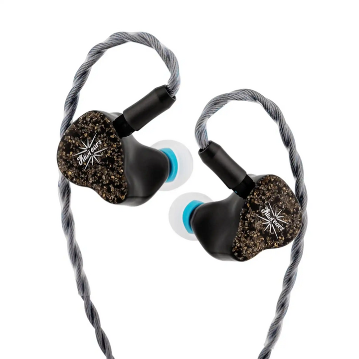 Kiwi Ears Astral yellow IEMs floating diagonally with cable attached whitebox