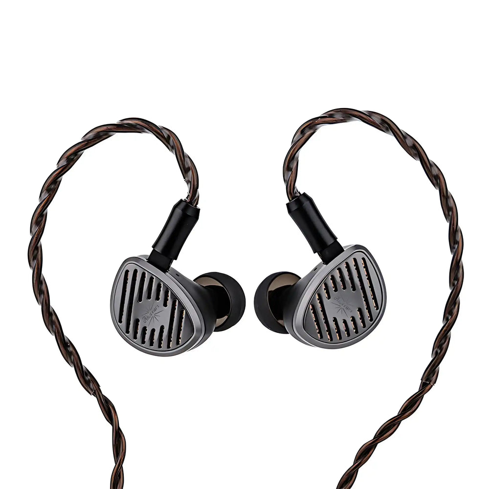 Kiwi Ears Septet IEMs floating cable attached with ear tips on whitebox