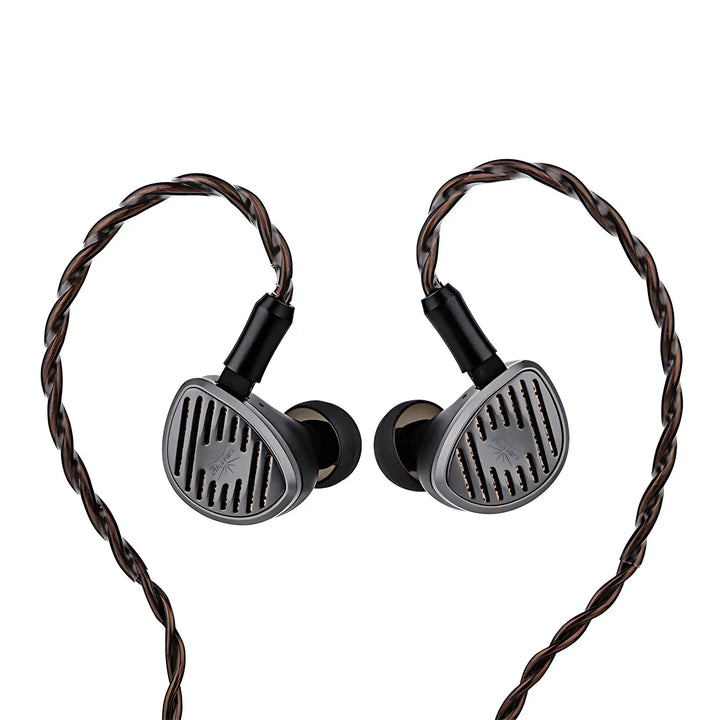 Kiwi Ears Septet IEMs floating cable attached with ear tips on whitebox