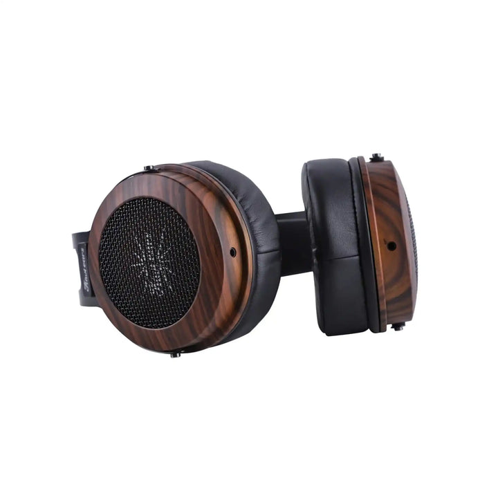 Kiwi Ears Altruva headphones in wood lying down bottom view whitebox