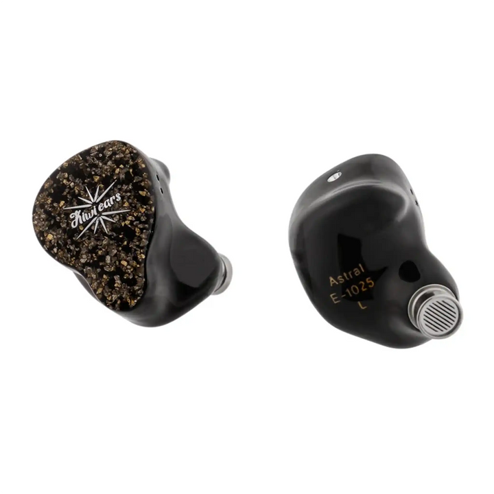 Kiwi Ears Astral yellow IEMs front and back view whitebox