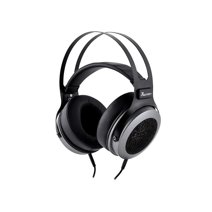Kiwi Ears Altruva headphones in silver front right 3 quarter angle with cable whitebox