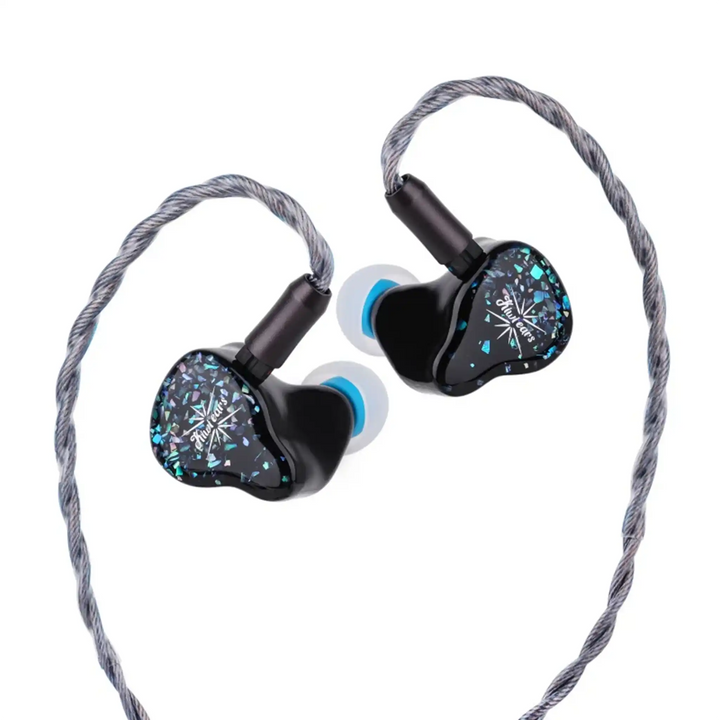 Kiwi Ears Astral blue IEMs floating diagonally with cable attached whitebox