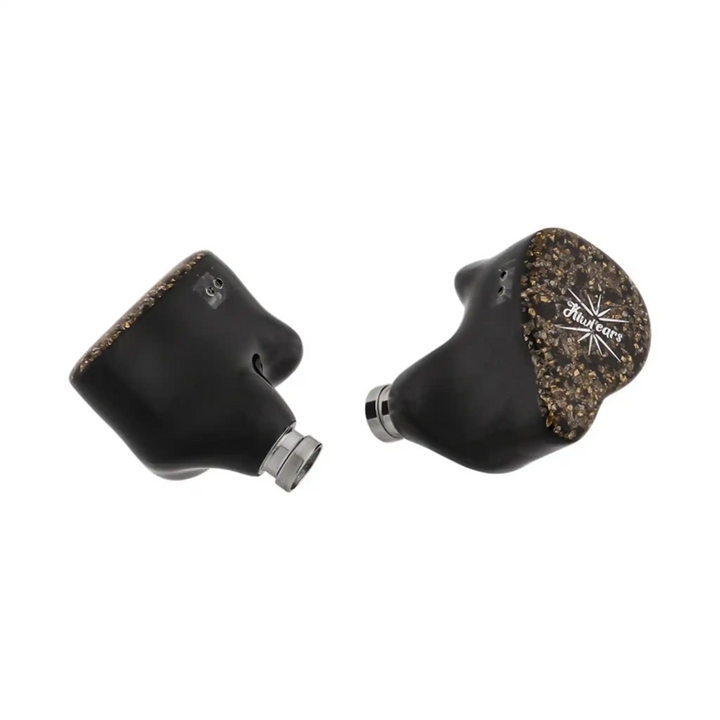Kiwi Ears Astral IEMs yellow floating front and side view whitebox