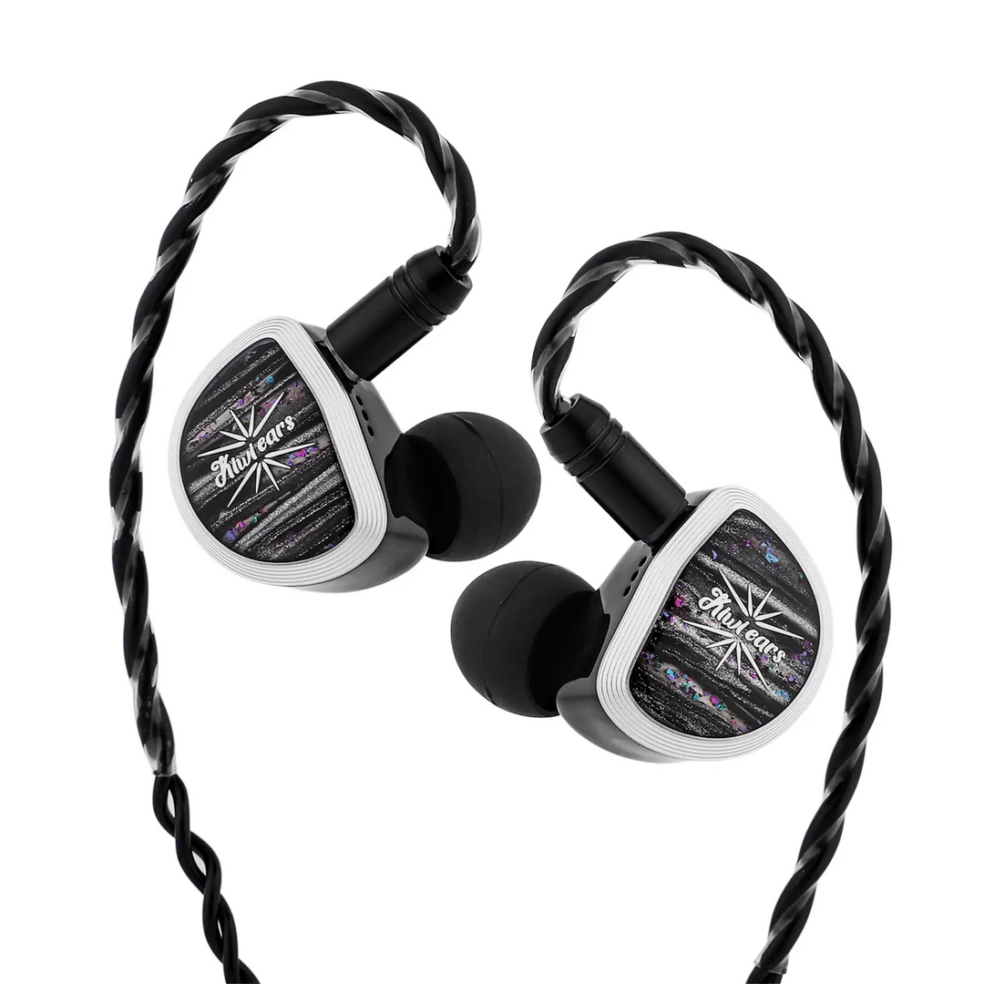 Kiwi Ears Aether IEMs attached to cable closeup whitebox