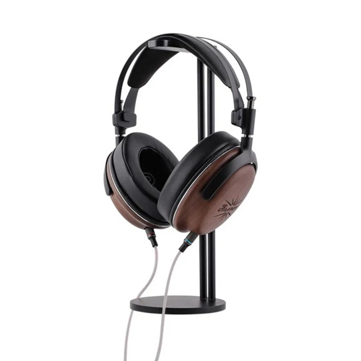 Kiwi Ears Atheia headphones sitting on stand front right 3 quarter angle whitebox