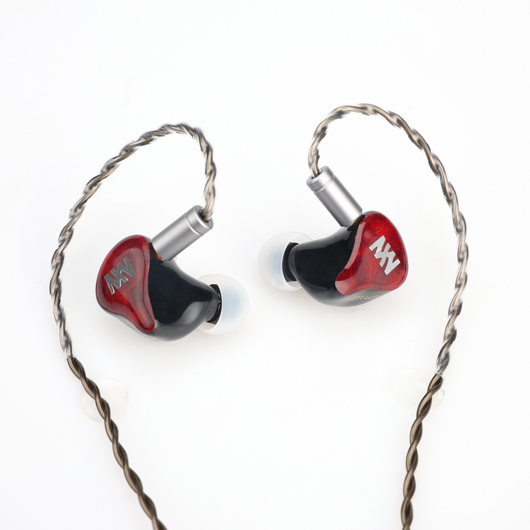 Melody Wings Venus IEMs attached to cable with ear tips on center whitebox