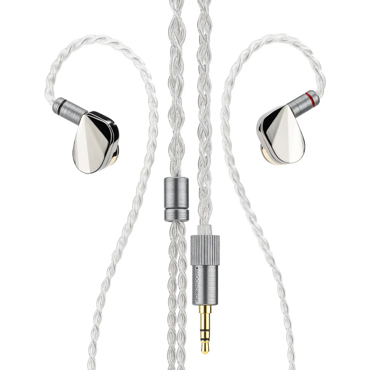 Moondrop Illustrious IEMs floating front facing with cable attached and termination/y-split in-between whitebox