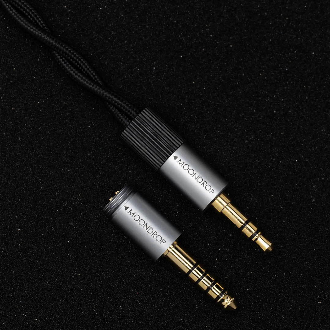 Moondrop Horizon headphones cable extreme closeup of plugs on dark grainy surface