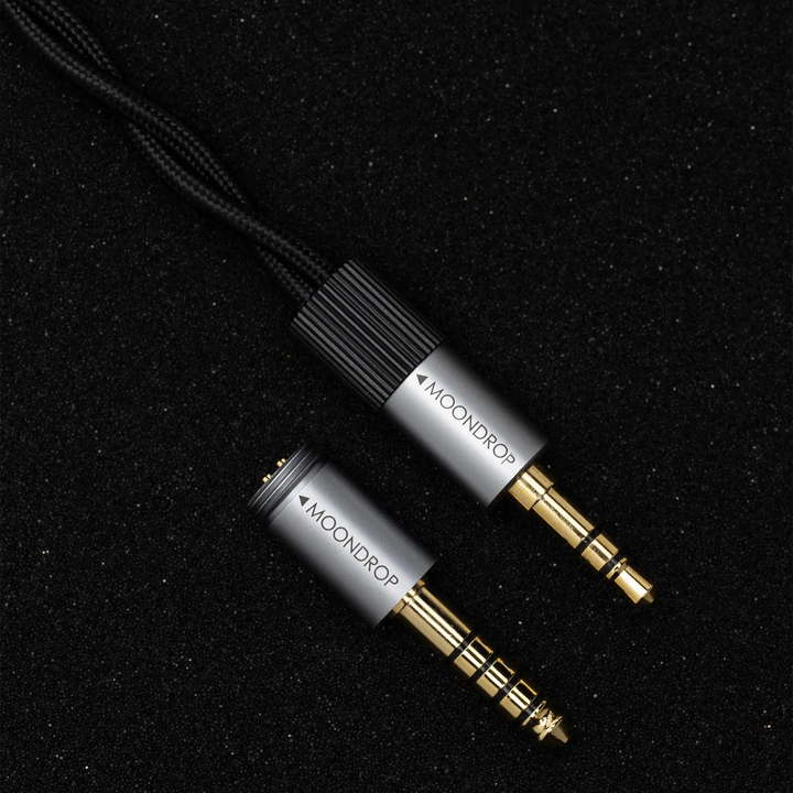 Moondrop Horizon headphones cable extreme closeup of plugs on dark grainy surface