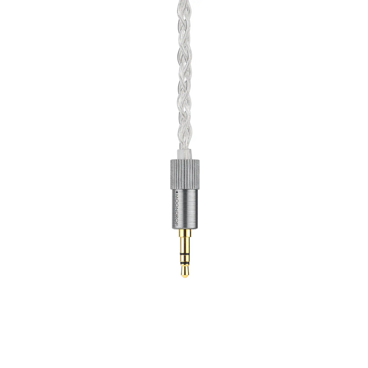 Moondrop Illustrious IEM floating termination closeup hanging from top of frame whitebox
