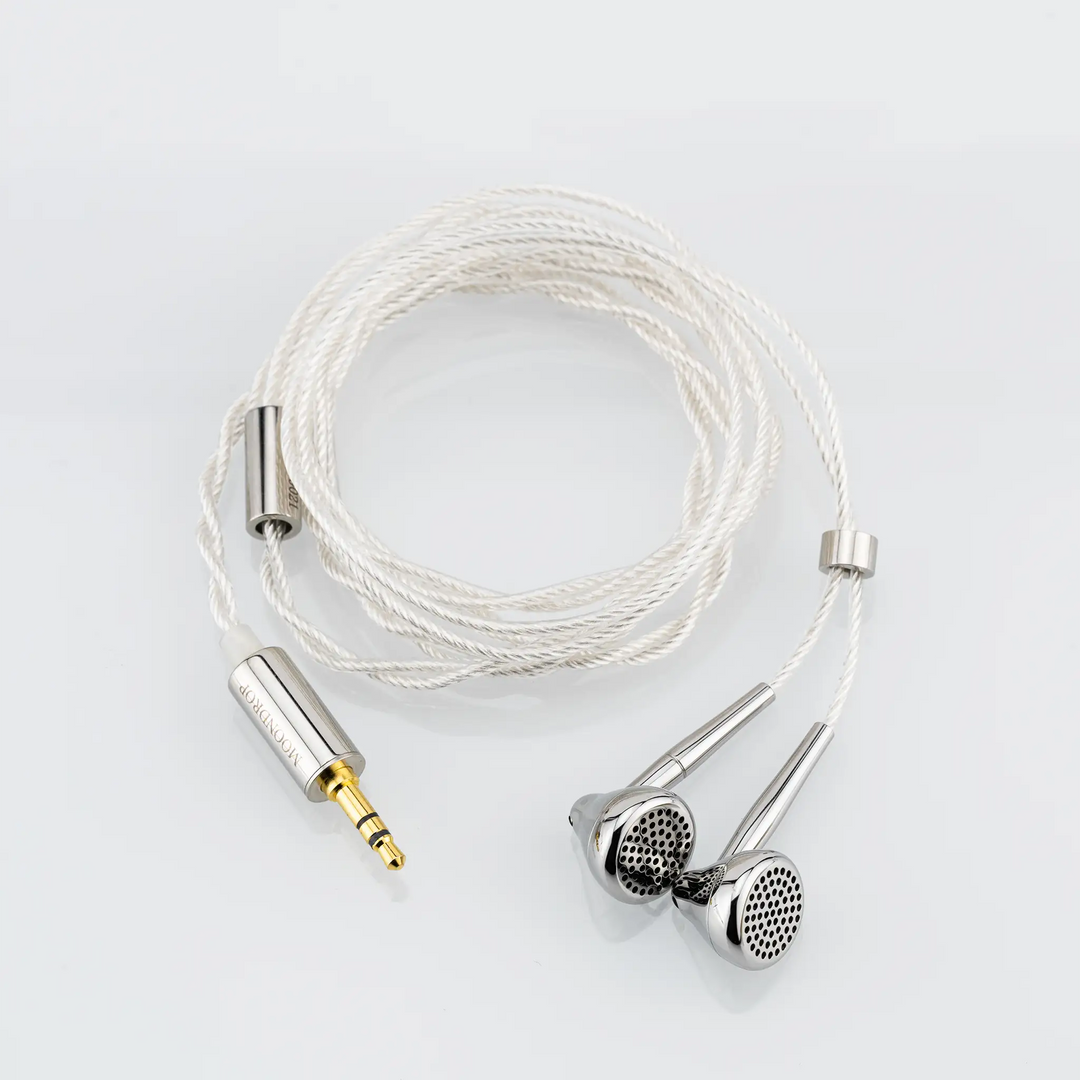 Moondrop Pavane IEMs coiled with cable Birdseye view whitebox